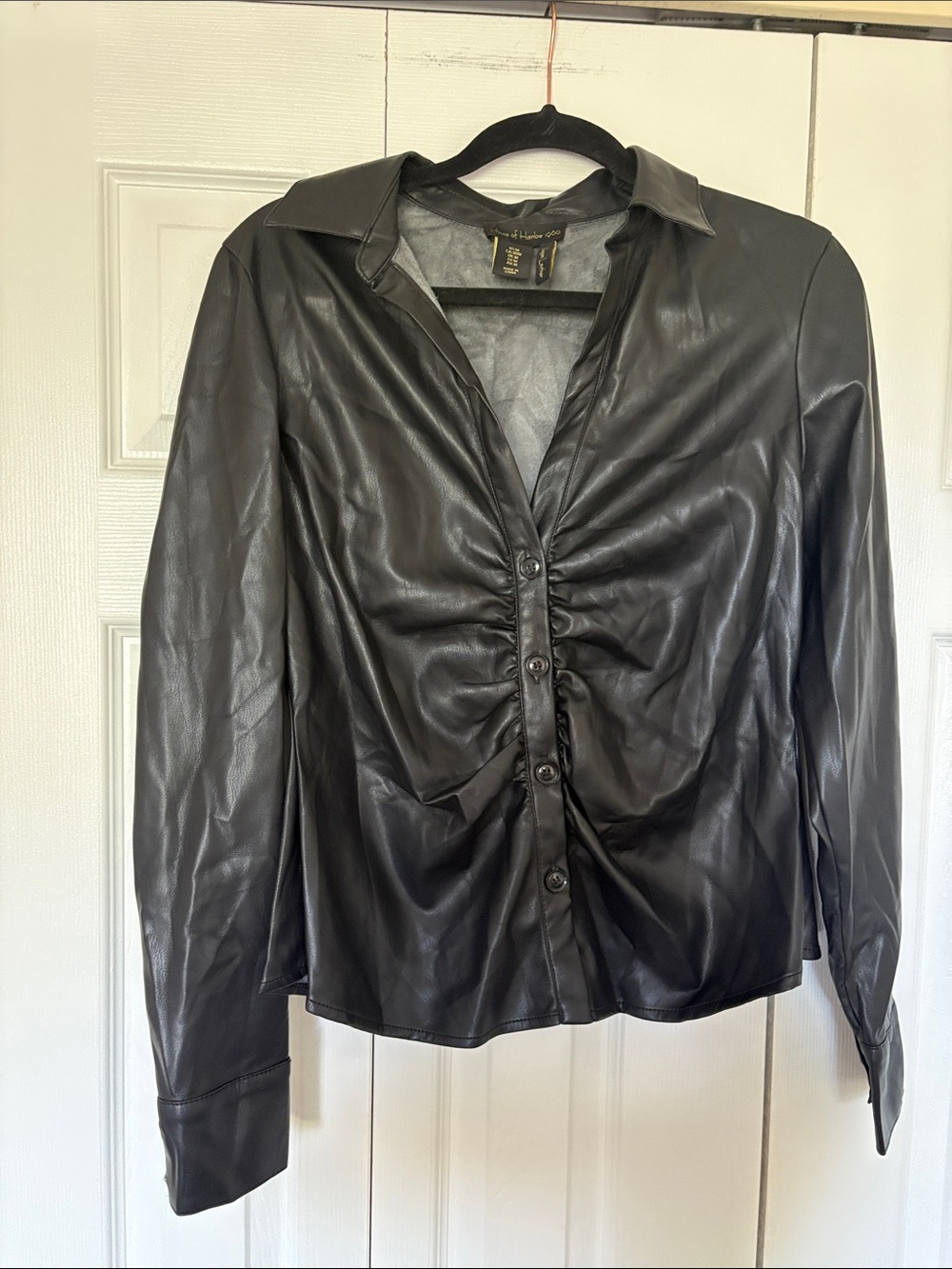 House of Harlow 1960 Black Vegan Leather Ruched Button Up Shirt Size Medium